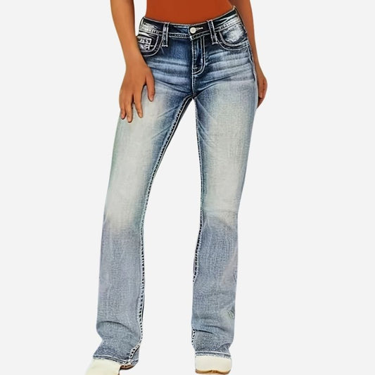 Women's mid rise bootcut jeans with embroidered back pockets denim pants
