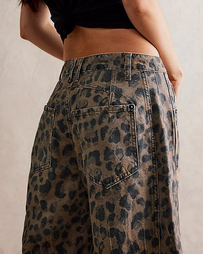 Women‘s Mid Rise Leopard Jeans Y2k Baggy Barrel Wide Leg Cropped Denim Pants