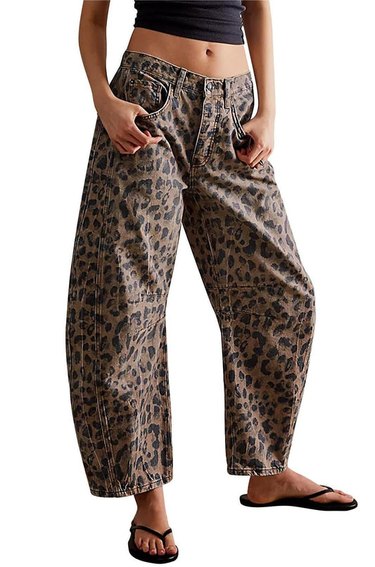 Women‘s Mid Rise Leopard Jeans Y2k Baggy Barrel Wide Leg Cropped Denim Pants