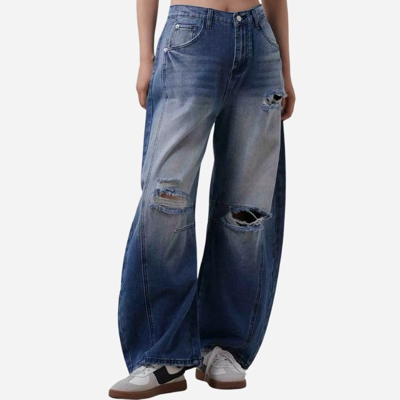 Women’s wide leg barrel jeans ripped baggy denim in navy, front view