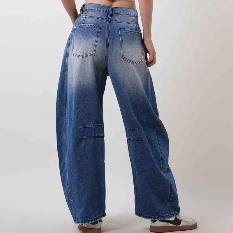 Women’s wide leg barrel jeans ripped baggy denim in navy, back view