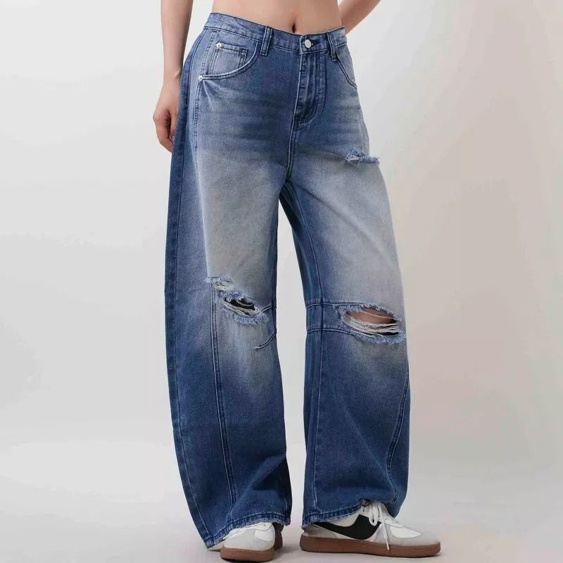 Women’s wide leg barrel jeans ripped baggy denim in navy, side view