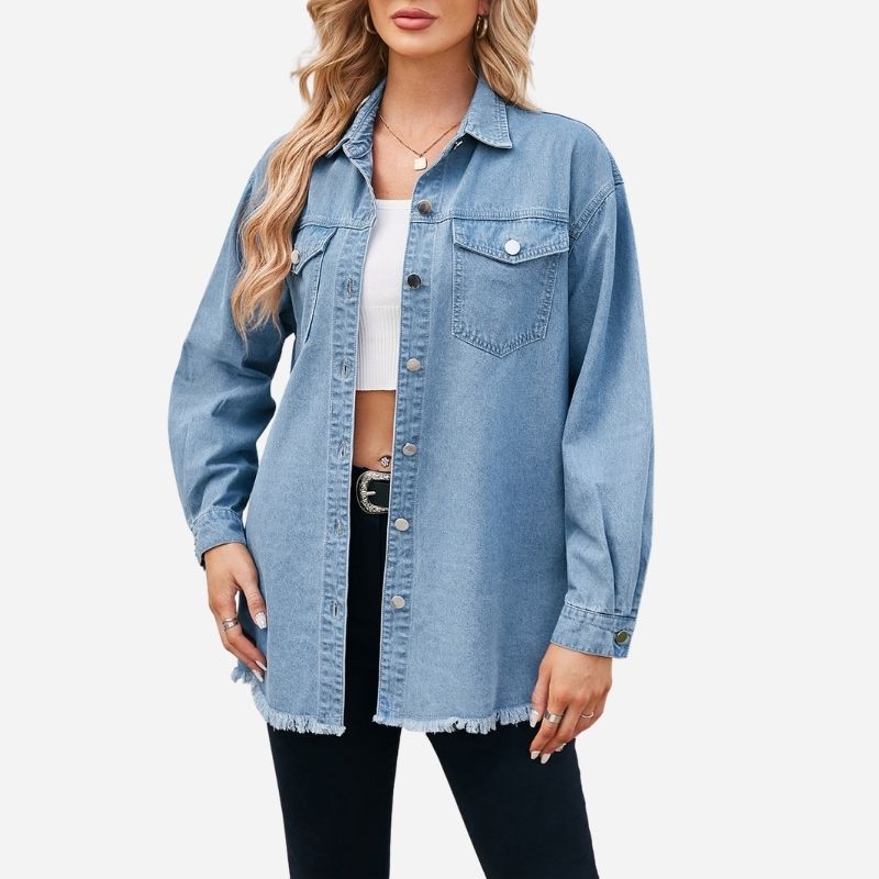 Women's oversized button down long sleeve denim shirt with frayed hem