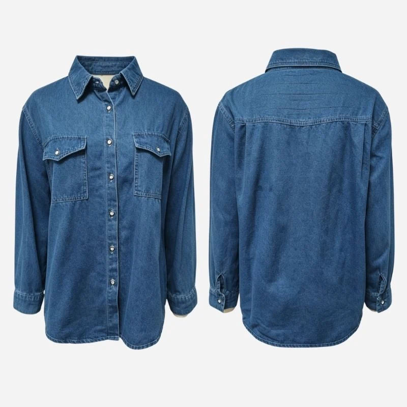 women's oversized denim shirt long sleeve jean top in navy, front and back view