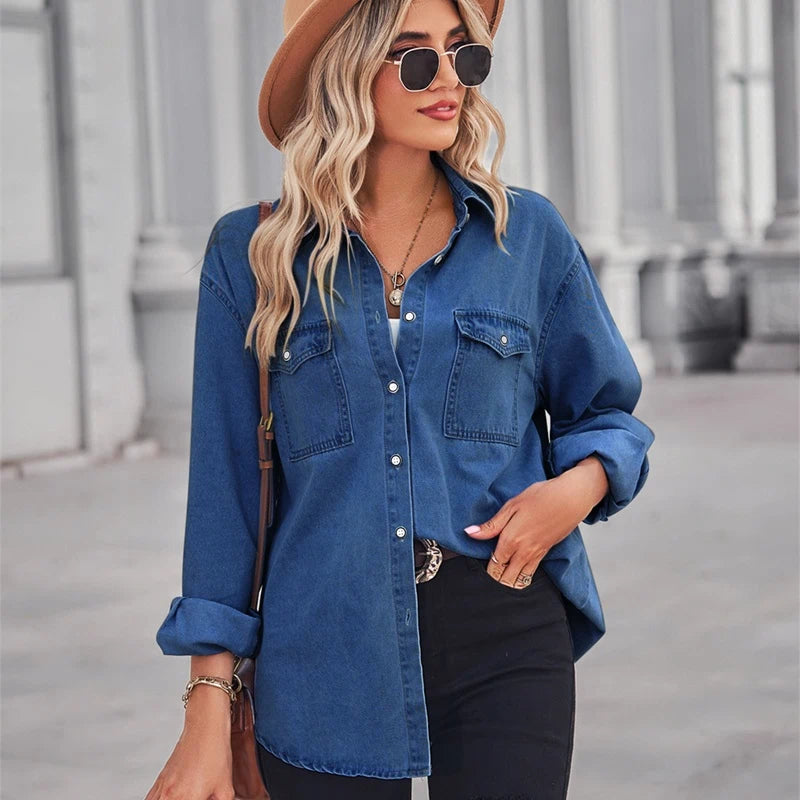 women's denim shirt long sleeve jean top in navy