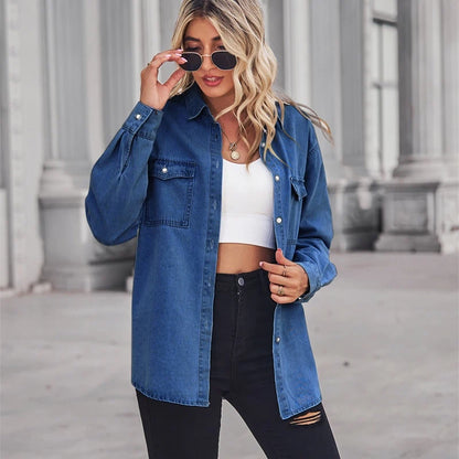 women's oversized denim shirt long sleeve jean top in navy, front view