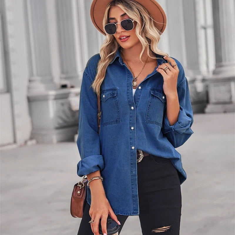 women's oversized denim shirt long sleeve jean top in navy