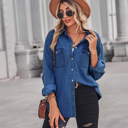 women's oversized denim shirt long sleeve jean top in navy