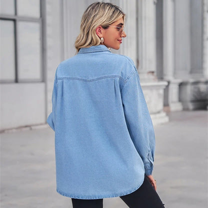 women's oversized denim shirt button down long sleeve jean top, back view
