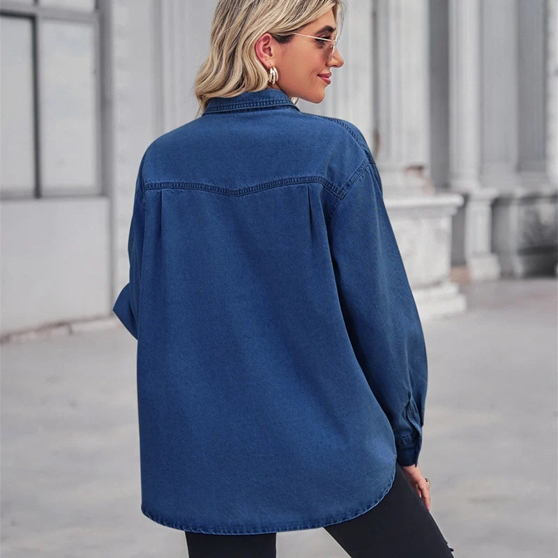 women's oversized denim shirt long sleeve jean top in navy, back view