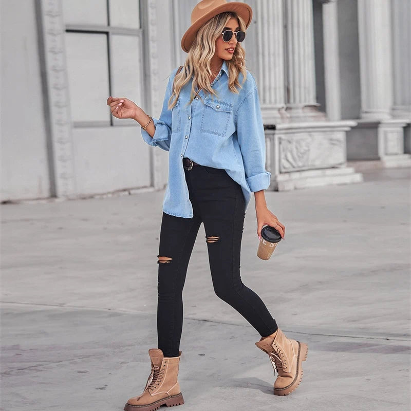 women's denim shirt long sleeve jean top