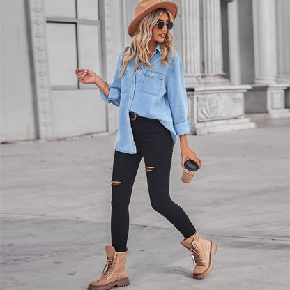 women's denim shirt long sleeve jean top