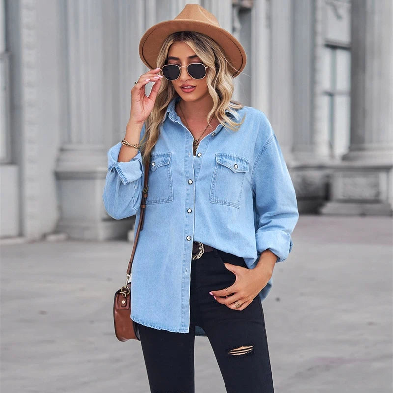 women's denim shirt long sleeve jean top, front view