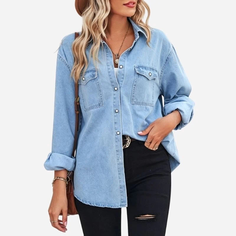 women's oversized denim shirt button down long sleeve jean top