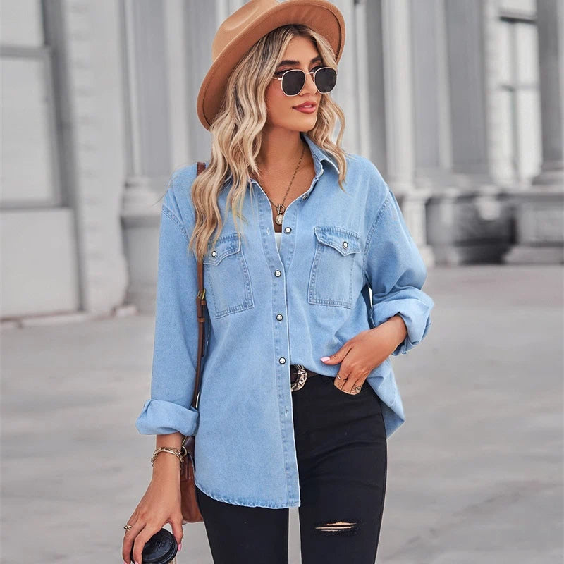 women's oversized denim shirt long sleeve jean top, front view