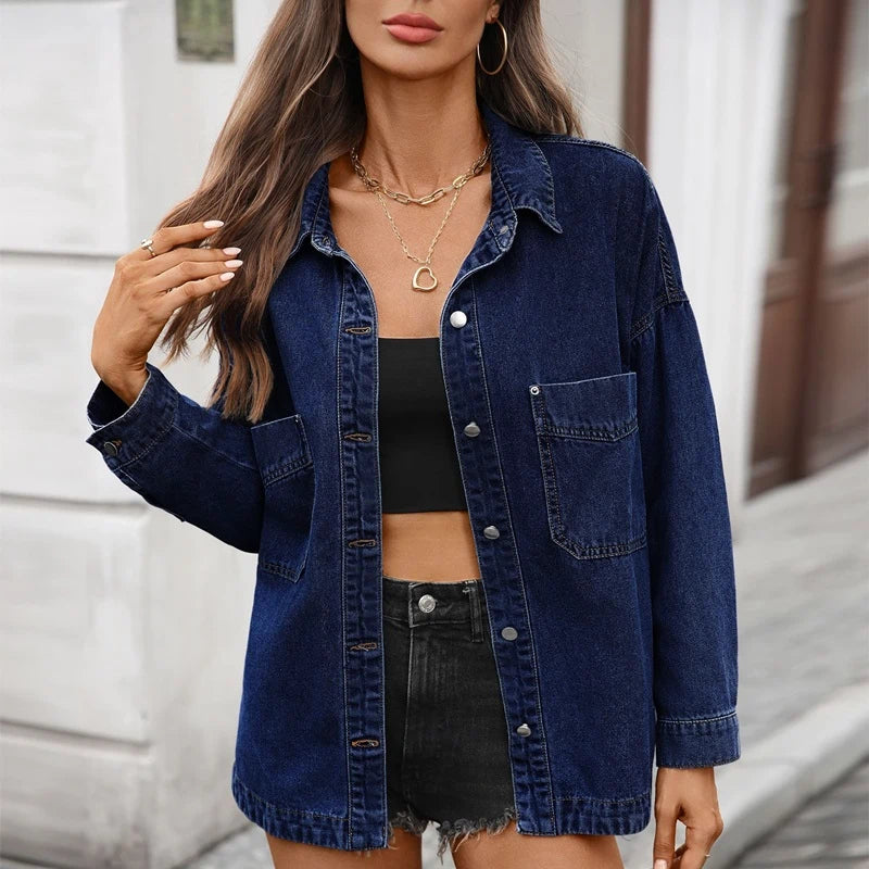 women’s oversized denim shirt jacket button down top in dark blue, front view