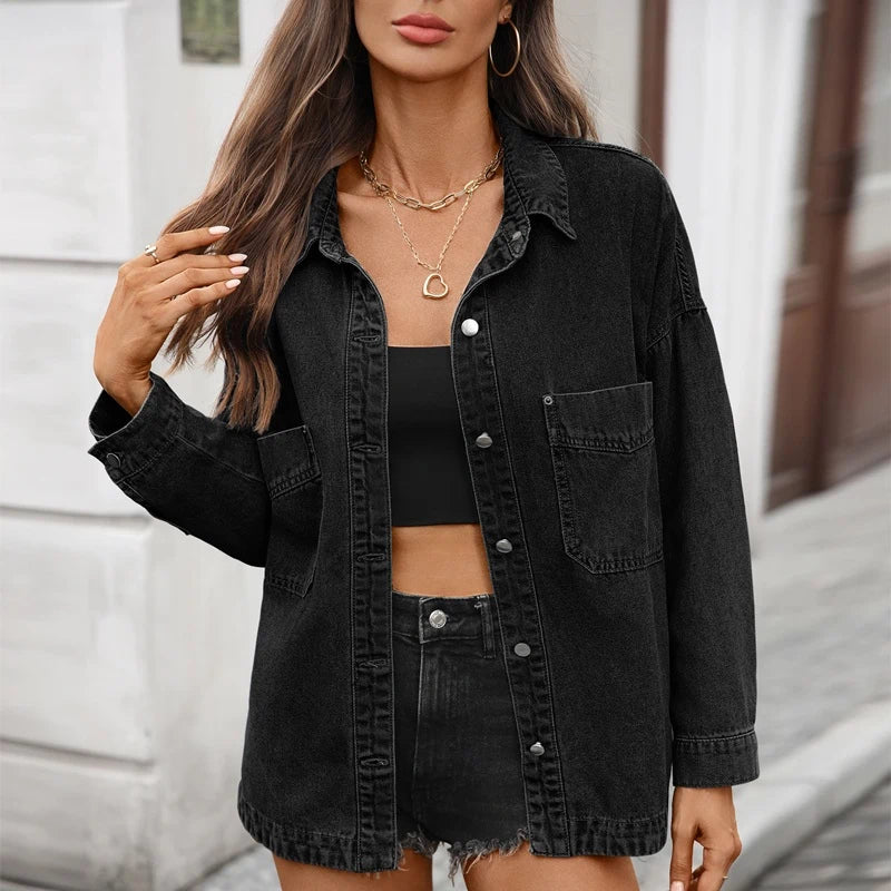 women’s oversized denim shirt jacket button down top in black, front view