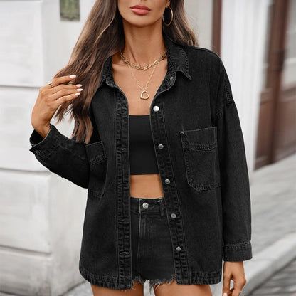women’s oversized denim shirt jacket button down top in black, front view
