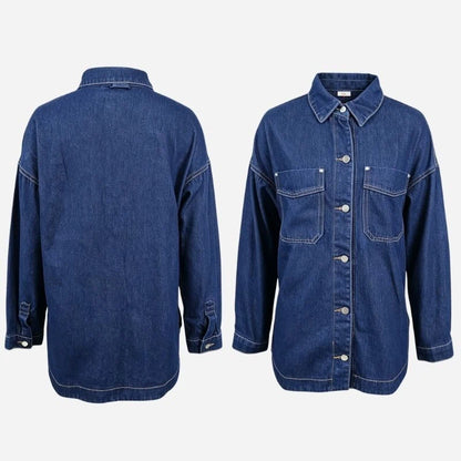 women’s oversized denim shirt jacket button down top, front and back views