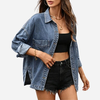 women’s oversized denim shirt jacket button down top in blue