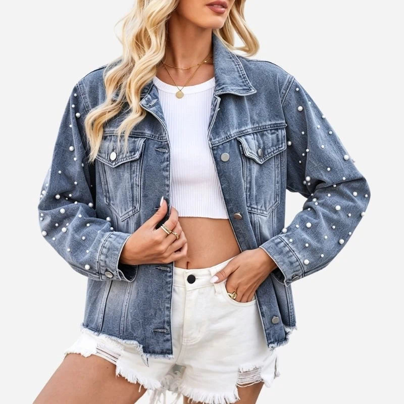 women's pearl beaded denim jacket casual oversized jean coat