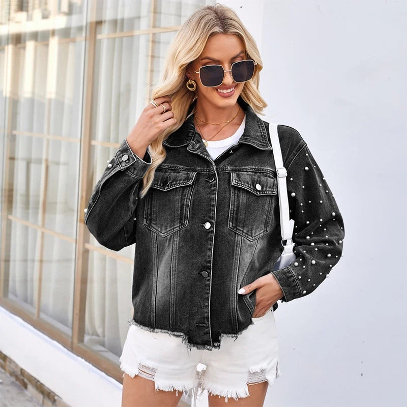 women's pearl beaded denim jacket jean coat in black