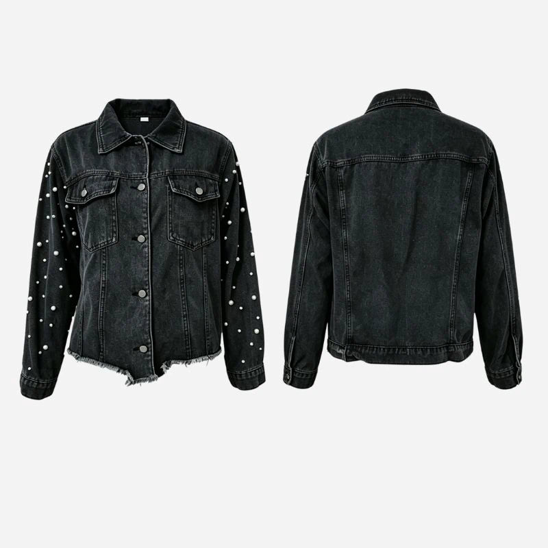 women's pearl beaded denim jacket jean coat in black, front and back views