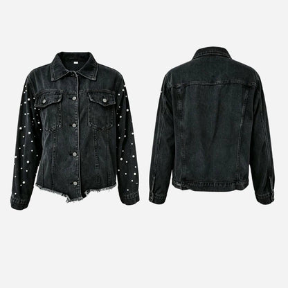 women's pearl beaded denim jacket jean coat in black, front and back views