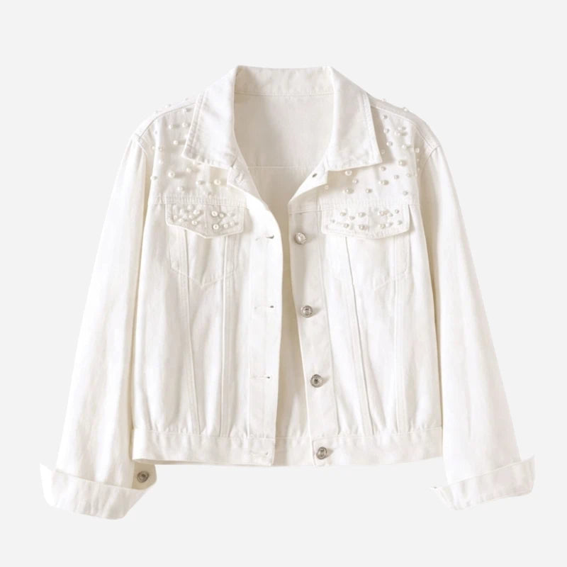 women's pearl embellished denim jacket cropped jean coat in white