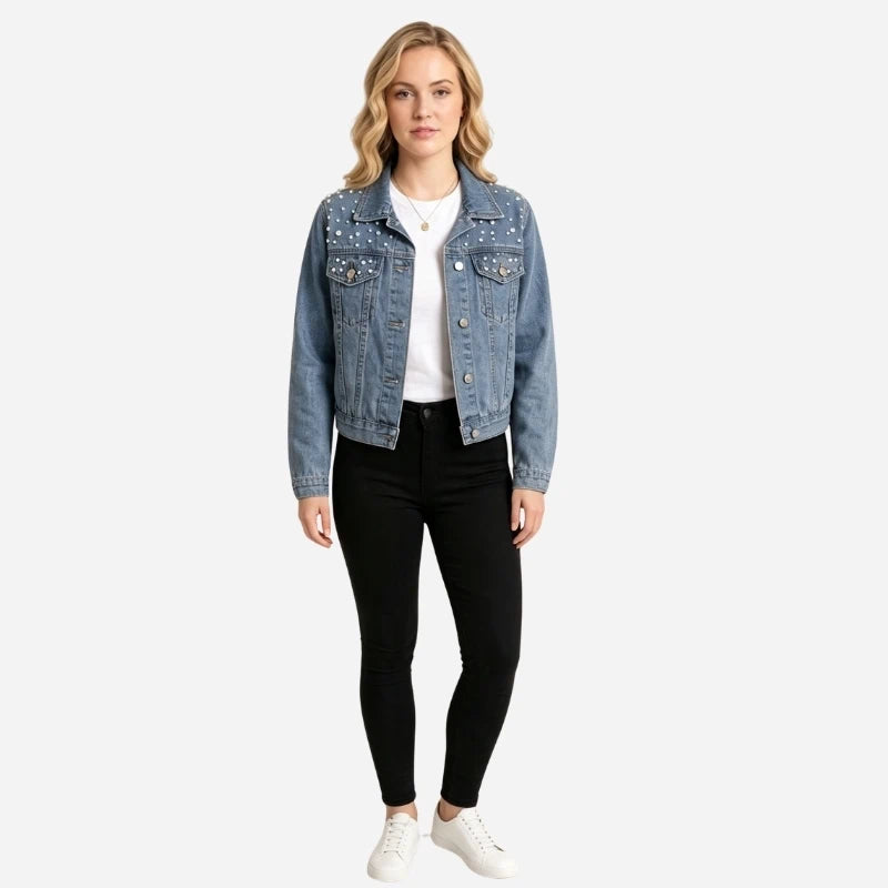 women's pearl embellished denim jacket cropped jean coat