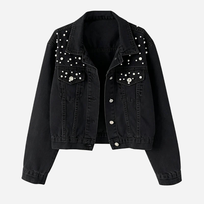 women's pearl embellished denim jacket cropped jean coat in black, front view