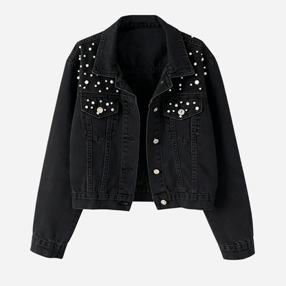 women's pearl embellished denim jacket cropped jean coat in black, front view