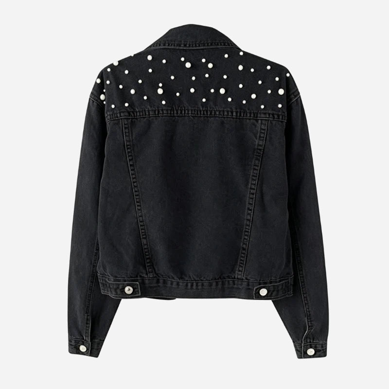 women's pearl embellished denim jacket cropped jean coat in black, back view