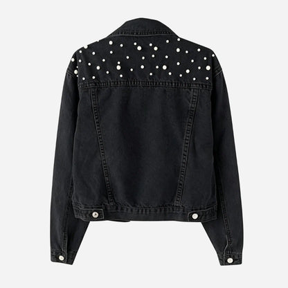 women's pearl embellished denim jacket cropped jean coat in black, back view