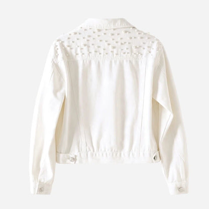 women's pearl embellished denim jacket cropped jean coat in white, back view