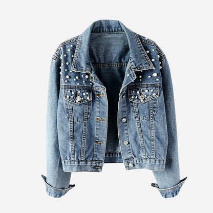 women's pearl embellished denim jacket jean coat in blue, front view