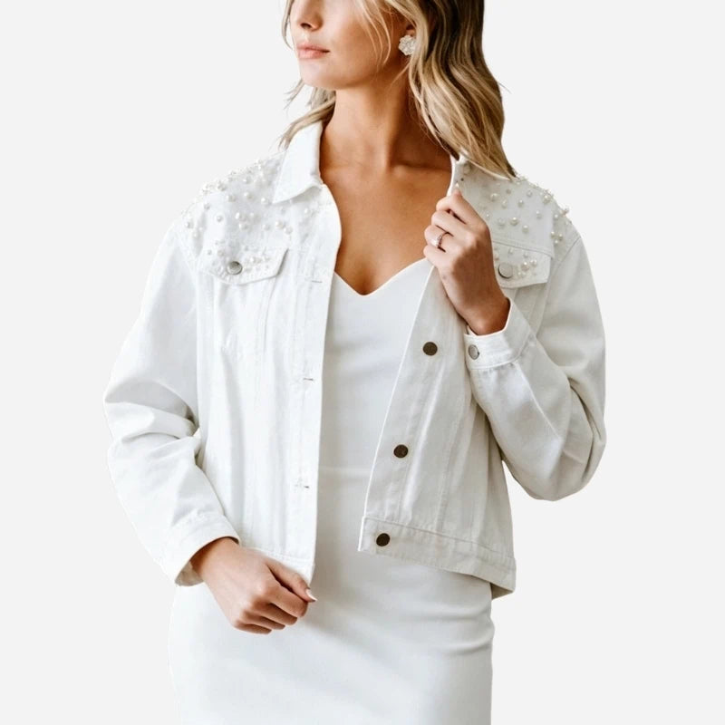women's pearl embellished denim jacket cropped jean coat in white, front view