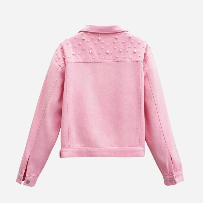 women's pearl embellished denim jacket cropped jean coat in pink, back view