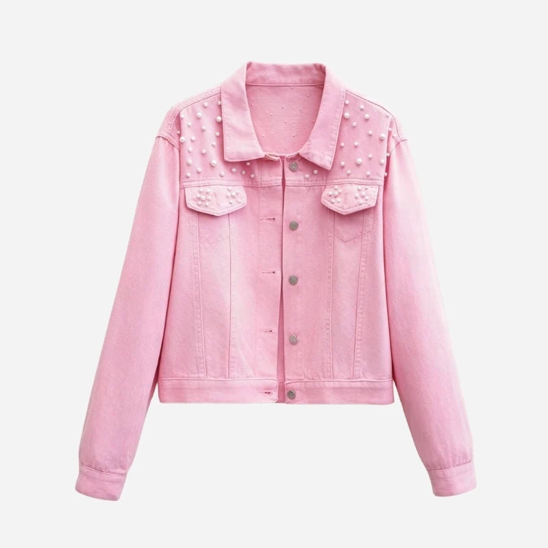 women's pearl embellished denim jacket cropped jean coat in pink, front view