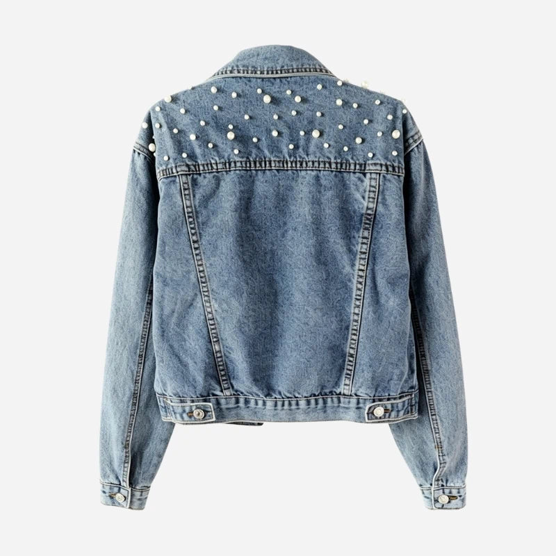 women's pearl embellished denim jacket jean coat in blue, back view