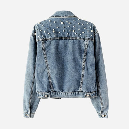 women's pearl embellished denim jacket jean coat in blue, back view