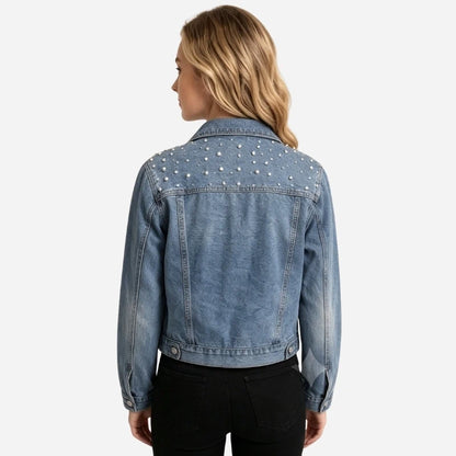 women's pearl embellished denim jacket cropped jean coat in blue, back view