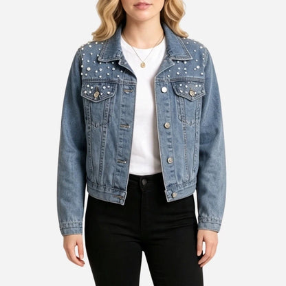 women's pearl embellished denim jacket cropped jean coat in blue