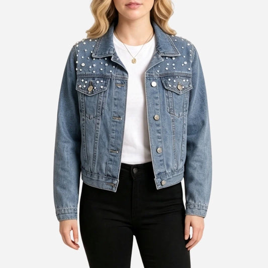 women's pearl embellished denim jacket cropped jean coat in blue, front view