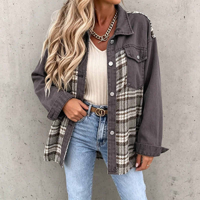 women's plaid panel denim shacket oversized jean jacket in gray, front view
