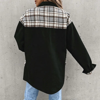 women's plaid panel denim shacket oversized jean jacket in black, back view