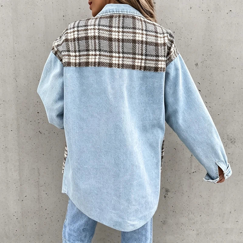women's plaid panel denim shacket oversized jean jacket in light blue, back view