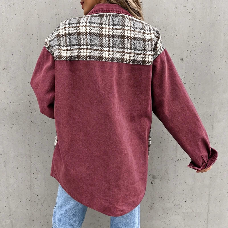 women's plaid panel denim shacket oversized jean jacket in red, back view