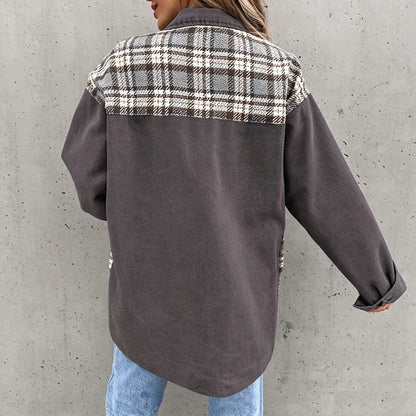 women's plaid panel denim shacket oversized jean jacket in gray, back view