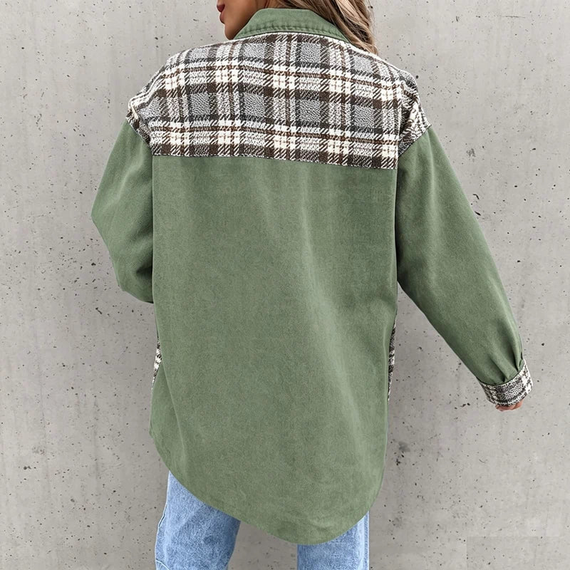 women's plaid panel denim shacket oversized jean jacket in green, back view